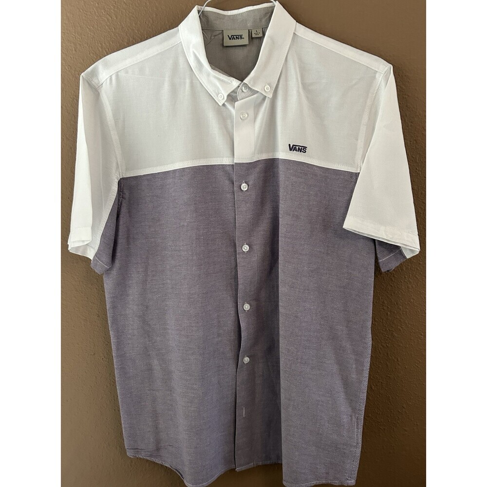 Van’s Button Down Shirt Mens Sz L White & Lavender Short Sleeve Cotton